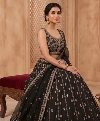 Black Crepe Silk Sequins Dori Work Embroidered Lehenga