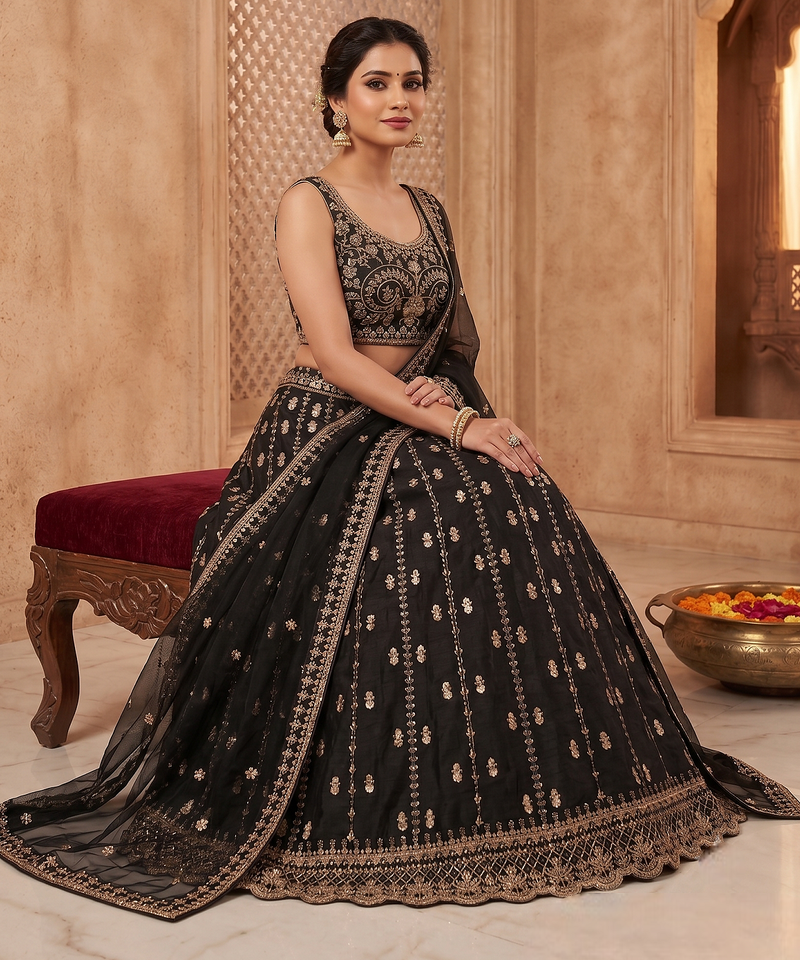 Black Crepe Silk Sequins Dori Work Embroidered Lehenga