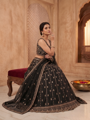 Black Crepe Silk Sequins Dori Work Embroidered Lehenga 3