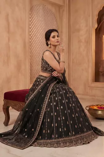 Black Crepe Silk Sequins Dori Work Embroidered Lehenga