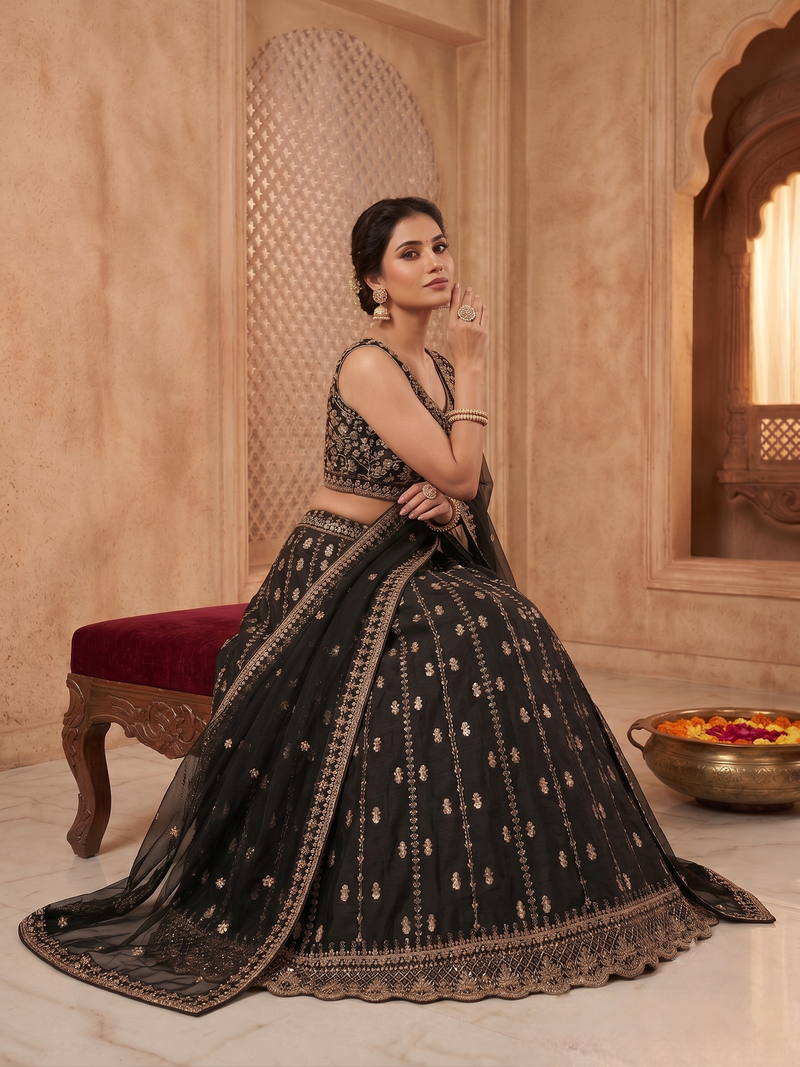 Black Crepe Silk Sequins Dori Work Embroidered Lehenga