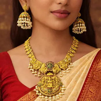 Antique Gold Lakshmi Haram Necklace Earrings Set, South Indian Bridal Kemp Stone Pearls 1
