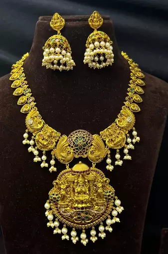 Antique Gold Lakshmi Haram Necklace Earrings Set, South Indian Bridal Kemp Stone Pearls