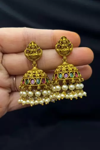 Antique Gold Lakshmi Haram Necklace Earrings Set, South Indian Bridal Kemp Stone Pearls