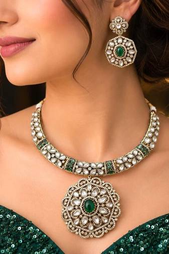 Emerald Green Kundan Choker Necklace Set, Gold Plated Bridal Jewelry