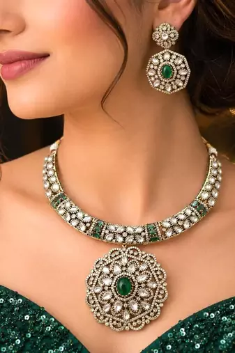 Emerald Green Kundan Choker Necklace Set, Gold Plated Bridal Jewelry