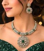 Emerald Green Kundan Choker Necklace Set, Gold Plated Bridal Jewelry