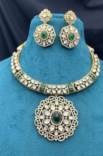 Emerald Green Kundan Choker Necklace Set, Gold Plated Bridal Jewelry