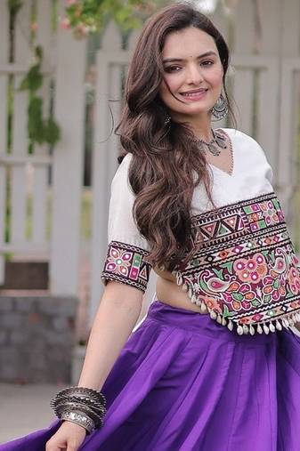 Purple Roman Navratri Lehenga Choli with Kutchi Gamthi Embroidery