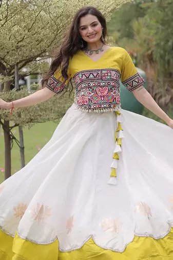 White Roman Navratri Lehenga Choli with Kutchi Gamthi Embroidery