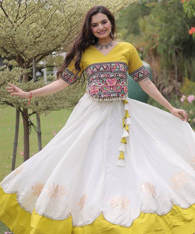 White Roman Navratri Lehenga Choli with Kutchi Gamthi Embroidery