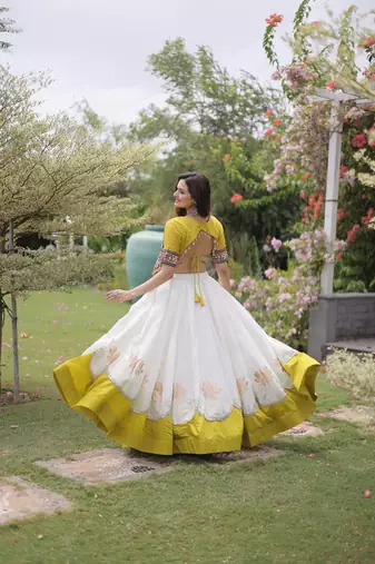 White Roman Navratri Lehenga Choli with Kutchi Gamthi Embroidery