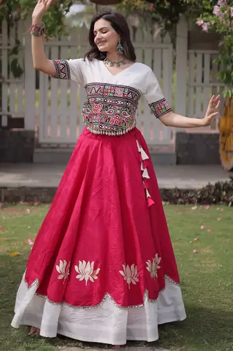 White Roman Navratri Lehenga Choli with Kutchi Gamthi Embroidery