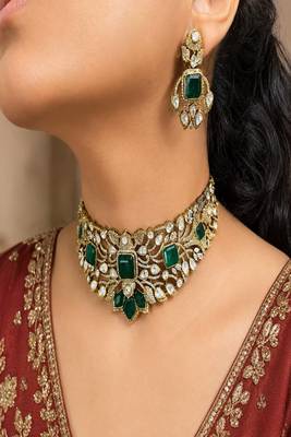 Indian Bridal Choker Necklace Set, Emerald Green Kundan CZ, Gold Plated Wedding Jewelry 1