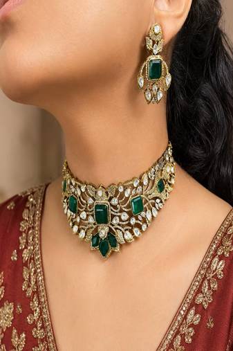 Indian Bridal Choker Necklace Set, Emerald Green Kundan CZ, Gold Plated Wedding Jewelry