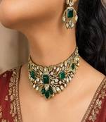 Indian Bridal Choker Necklace Set, Emerald Green Kundan CZ, Gold Plated Wedding Jewelry