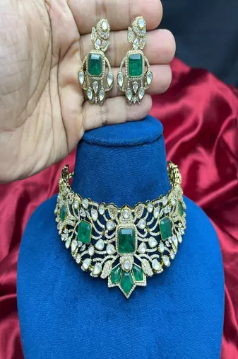 Indian Bridal Choker Necklace Set, Emerald Green Kundan CZ, Gold Plated Wedding Jewelry