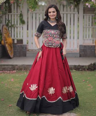Red Roman Navratri Lehenga Choli with Kutchi Gamthi Embroidery 1
