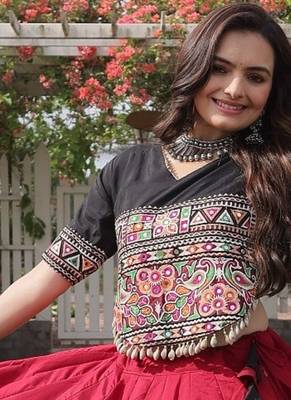 Red Roman Navratri Lehenga Choli with Kutchi Gamthi Embroidery 2