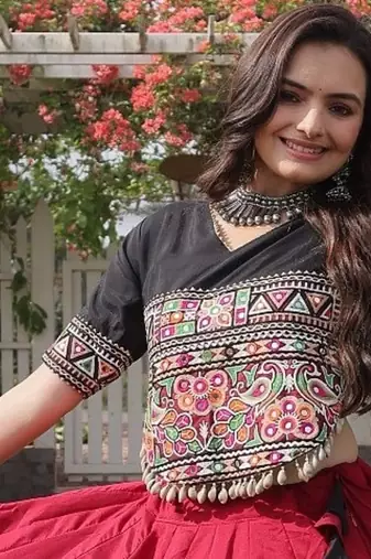Red Roman Navratri Lehenga Choli with Kutchi Gamthi Embroidery