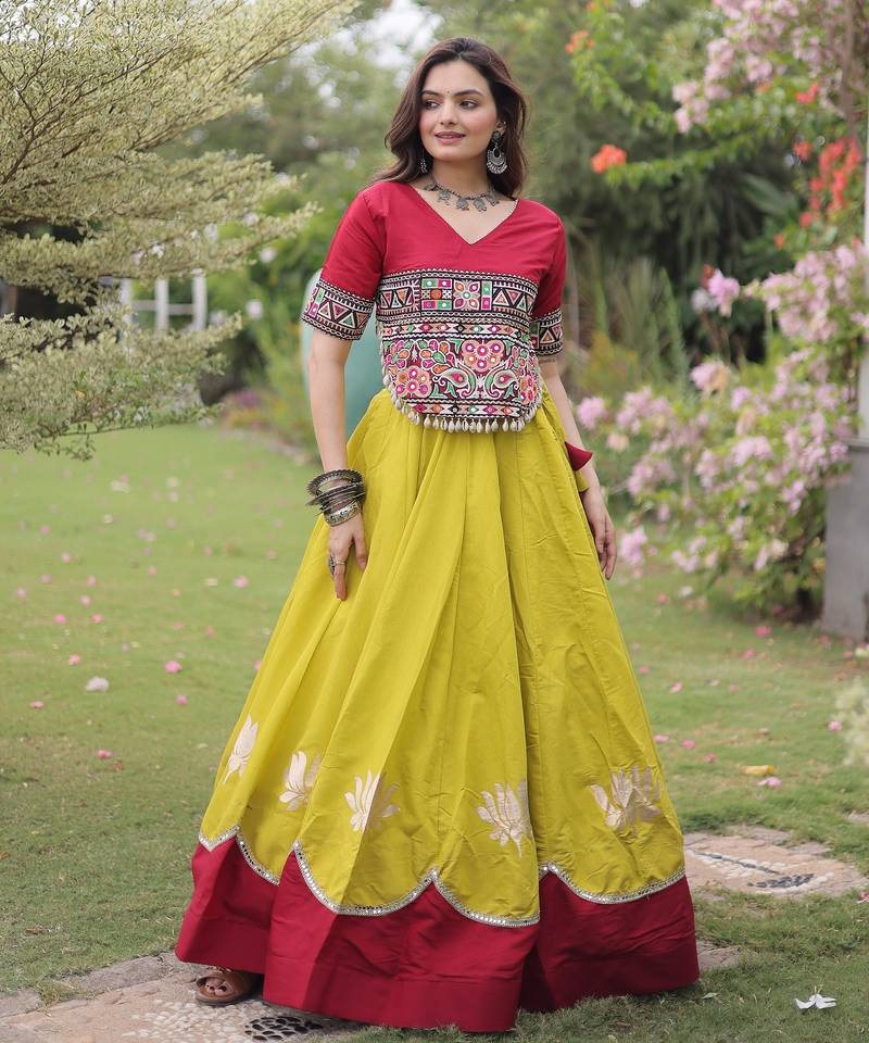 Mustard Roman Navratri Lehenga Choli with Kutchi Gamthi Embroidery