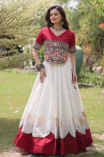 Maroon Roman Navratri Lehenga Choli with Kutchi Gamthi Embroidery