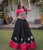 Rani Pink Roman Navratri Lehenga Choli with Kutchi Gamthi Embroidery