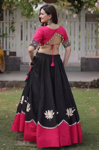 Rani Pink Roman Navratri Lehenga Choli with Kutchi Gamthi Embroidery