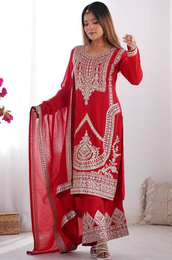 Embroidery Vichitra Silk blend Fabric Straight Kurta Pant and Dupatta Set