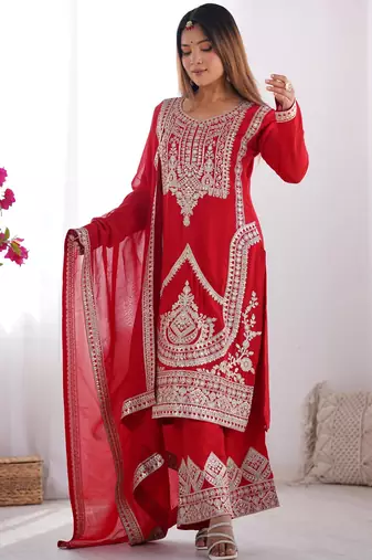 Women's Gorgeous Embroidery Work Vichitra Silk Fabric Straight Kurta Pant and Dupatta Set