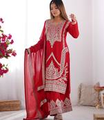Women's Gorgeous Embroidery Work Vichitra Silk Fabric Straight Kurta Pant and Dupatta Set