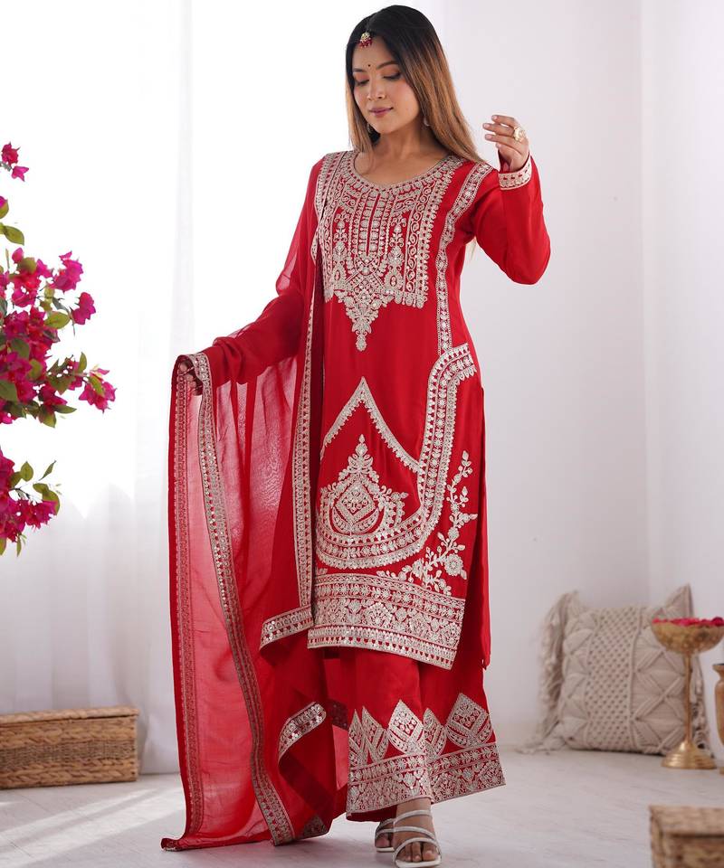 Women's Gorgeous Embroidery Work Vichitra Silk Fabric Straight Kurta Pant and Dupatta Set