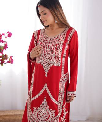 Women's Gorgeous Embroidery Work Vichitra Silk Fabric Straight Kurta Pant and Dupatta Set 2