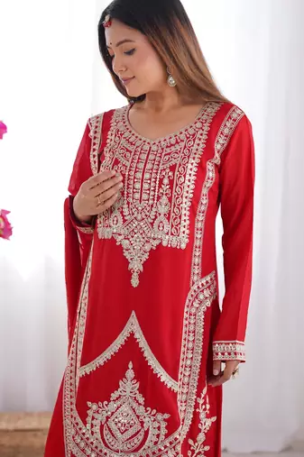 Women's Gorgeous Embroidery Work Vichitra Silk Fabric Straight Kurta Pant and Dupatta Set