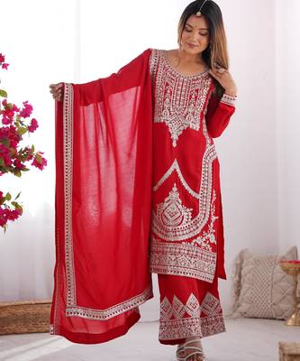 Women's Gorgeous Embroidery Work Vichitra Silk Fabric Straight Kurta Pant and Dupatta Set 3