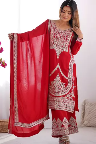 Women's Gorgeous Embroidery Work Vichitra Silk Fabric Straight Kurta Pant and Dupatta Set
