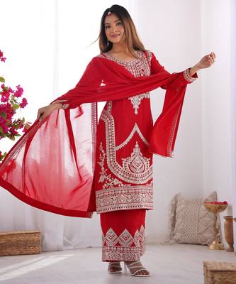 Women's Gorgeous Embroidery Work Vichitra Silk Fabric Straight Kurta Pant and Dupatta Set 4