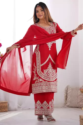 Women's Gorgeous Embroidery Work Vichitra Silk Fabric Straight Kurta Pant and Dupatta Set