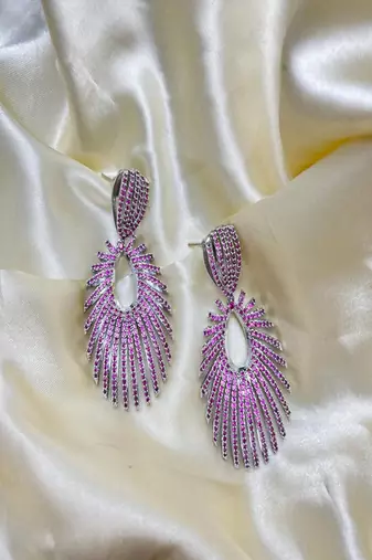 Sparkling Fuchsia Sunburst Statement Earrings | Rhodium Plated Chandelier Earrings for Prom