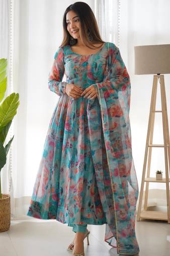 Women's Gorgeous Printed Organza Silk Fabric Flared Anarkali Pant and Dupatta Set