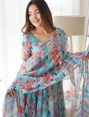 Women's Gorgeous Printed Organza Silk Fabric Flared Anarkali Pant and Dupatta Set 2