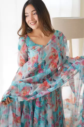 Women's Gorgeous Printed Organza Silk Fabric Flared Anarkali Pant and Dupatta Set