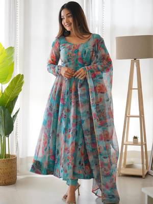 Women's Gorgeous Printed Organza Silk Fabric Flared Anarkali Pant and Dupatta Set 3