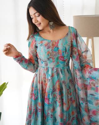 Women's Gorgeous Printed Organza Silk Fabric Flared Anarkali Pant and Dupatta Set 4