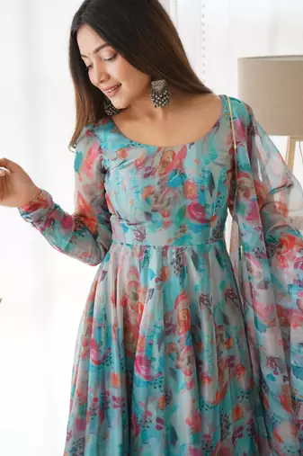 Women's Gorgeous Printed Organza Silk Fabric Flared Anarkali Pant and Dupatta Set