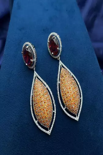 Red Orange Crystal Statement Drop Earrings | Silver-Tone Formal Gala Jewelry