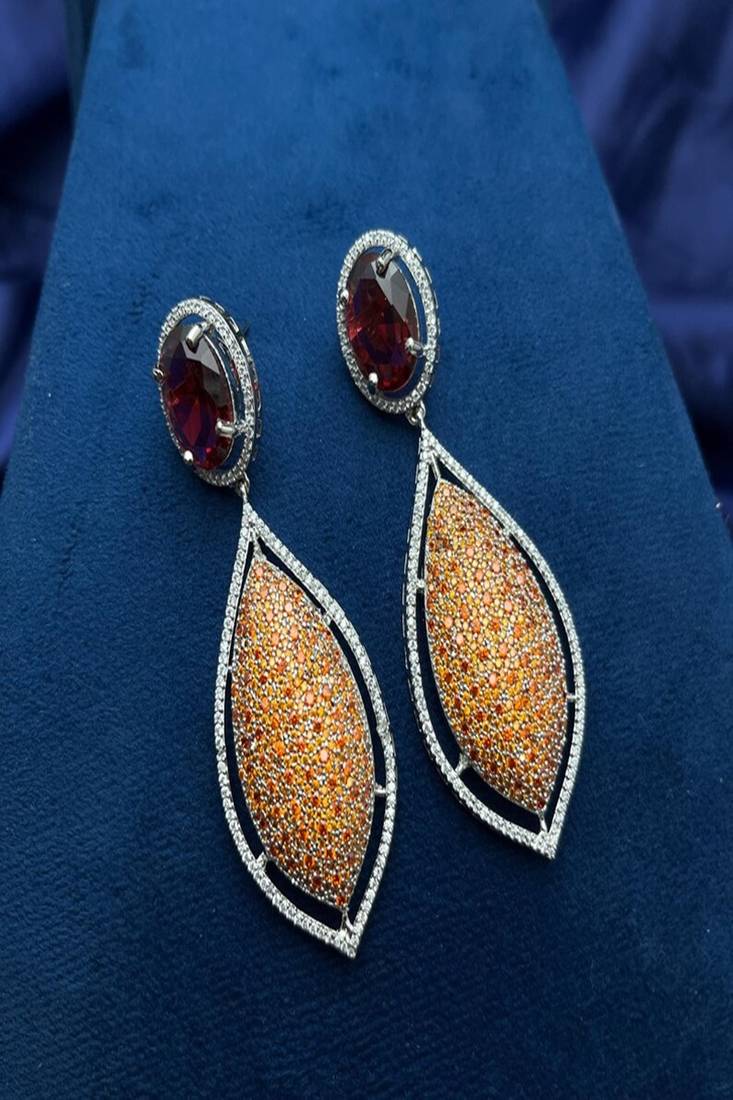 Red Orange Crystal Statement Drop Earrings | Silver-Tone Formal Gala Jewelry