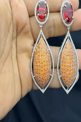 Red Orange Crystal Statement Drop Earrings | Silver-Tone Formal Gala Jewelry