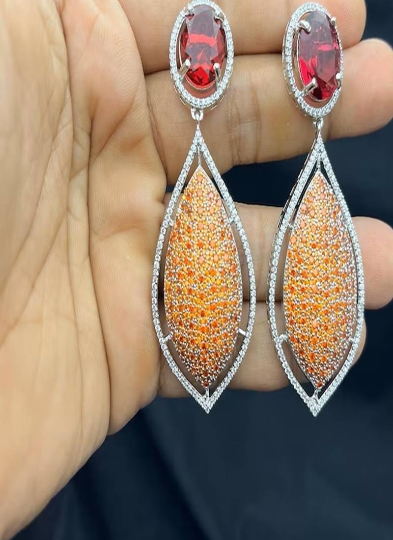 Red Orange Crystal Statement Drop Earrings | Silver-Tone Formal Gala Jewelry