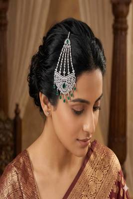 Mughal Style Jhoomar Passa | Emerald Cubic Zirconia Bridal Headpiece 1